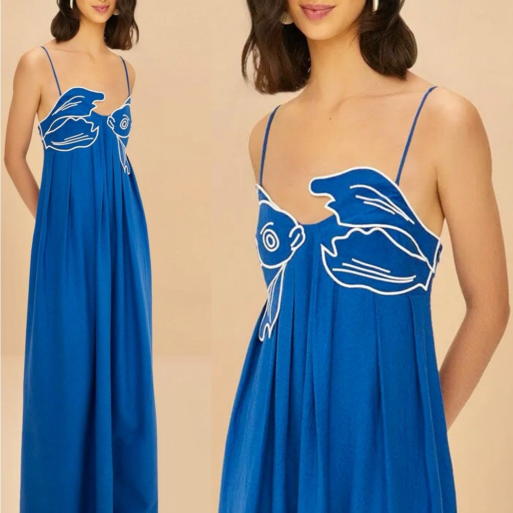 πΊπHPππΊ NWT Farm Rio Blue Fish Top Maxi Dress - Picture 3 of 16